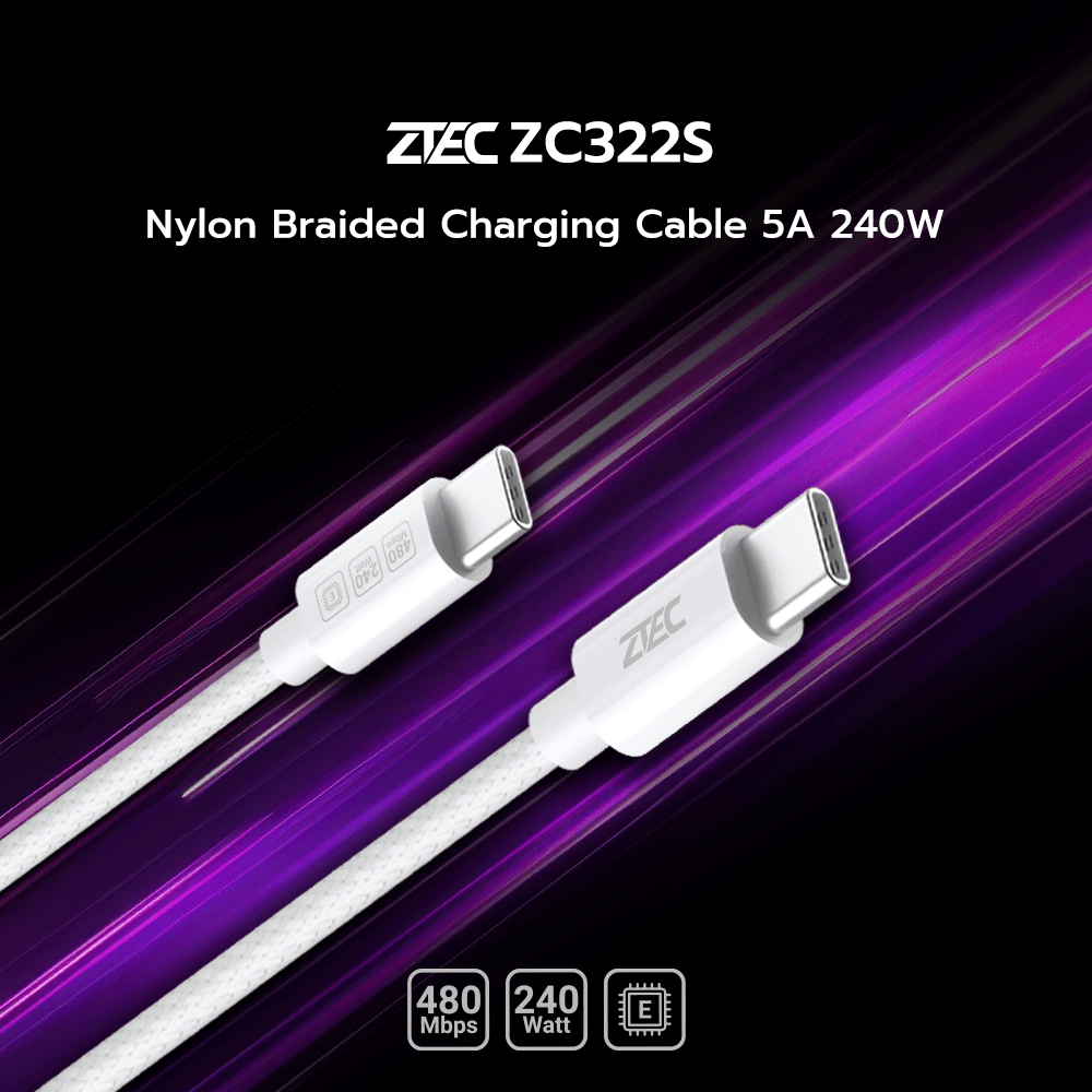 สายชาร์จเร็ว ZTEC รุ่น ZC322S USB-C TO USB-C 2 เมตร สีขาว 5A 240W (รองรับเทคโนโลยี PD และ QC)